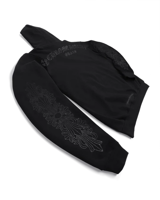 CHROME HEARTS MONOTONE SHOULDER LOGO FLORAL PULLOVER HOODIE (BLACK)