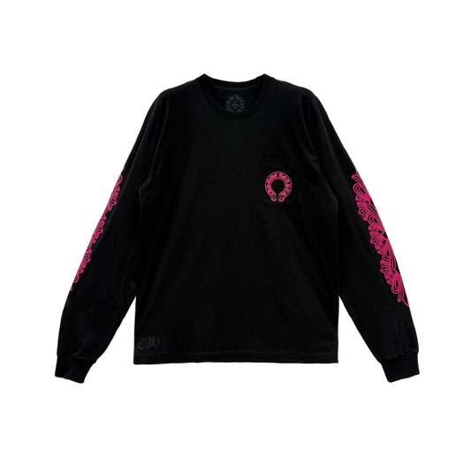 CHROME HEARTS FLORAL HORSESHOE LONG SLEEVE T-SHIRT (BLACK/PINK)