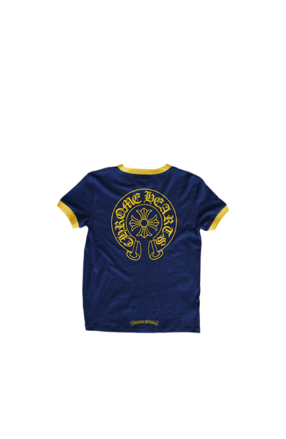 CHROME HEARTS WOMENS NAVY/YELLOW HORSESHOE CROP TEE