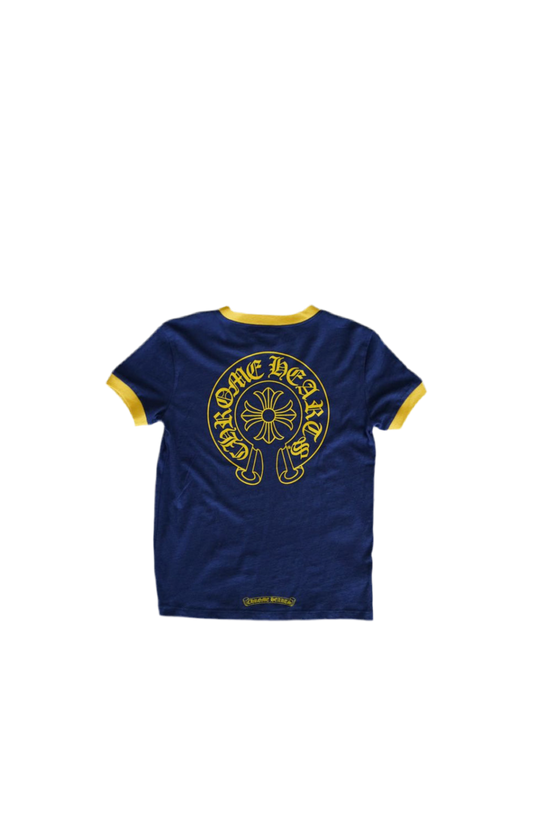 CHROME HEARTS WOMENS NAVY/YELLOW HORSESHOE CROP TEE