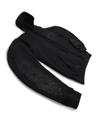 CHROME HEARTS MONOTONE SHOULDER LOGO FLORAL PULLOVER HOODIE (BLACK)