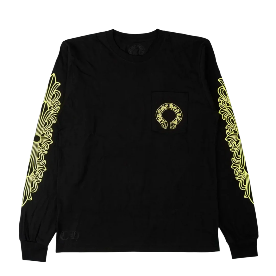 CHROME HEARTS FLORAL HORSESHOE LONG SLEEVE T-SHIRT (BLACK/GREEN)