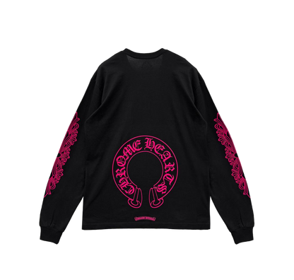 CHROME HEARTS FLORAL HORSESHOE LONG SLEEVE T-SHIRT (BLACK/PINK)