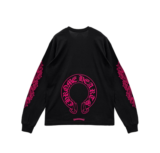 CHROME HEARTS FLORAL HORSESHOE LONG SLEEVE T-SHIRT (BLACK/PINK)