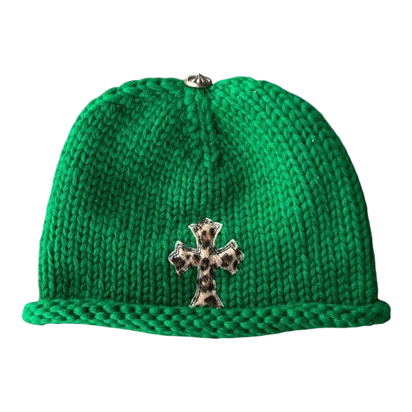 CHROME HEARTS KIDS CASHMERE CHEETAH PATCH BEANIE (GREEN)