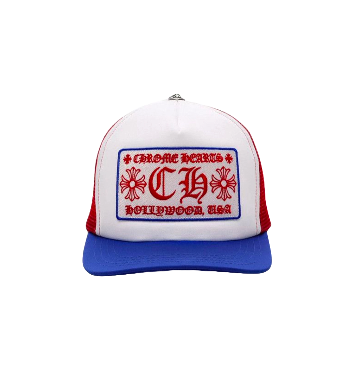 CHROME HEARTS HOLYWOOD TRUCKER HAT (WHITE/BLUE/RED)