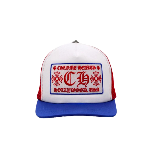 CHROME HEARTS HOLYWOOD TRUCKER HAT (WHITE/BLUE/RED)