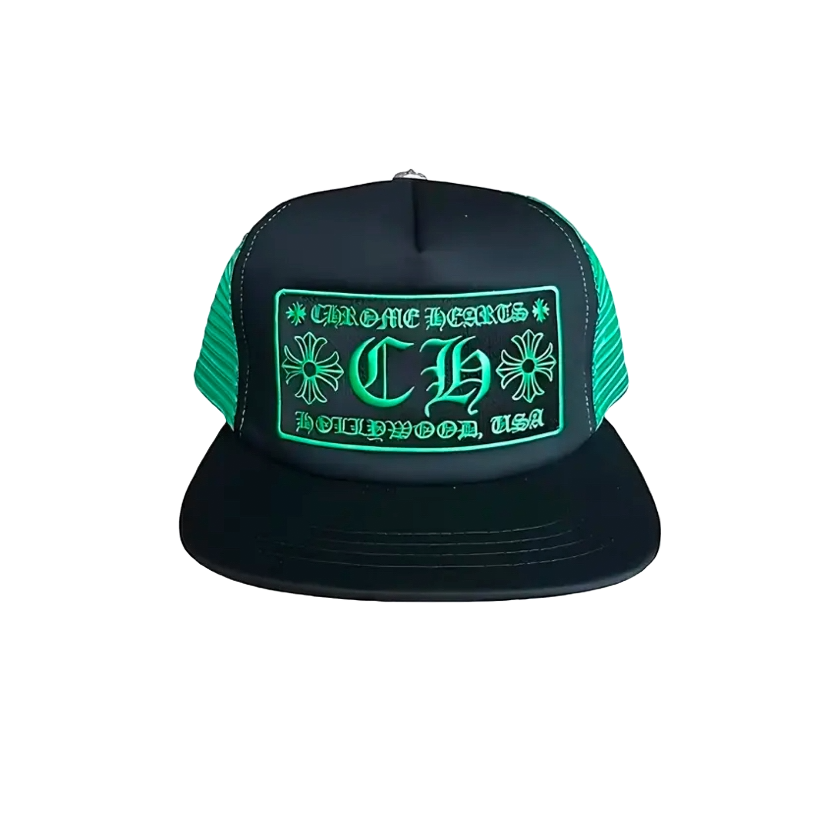 CHROME HEARTS HOLYWOOD TRUCKER HAT (GREEN/BLACK)