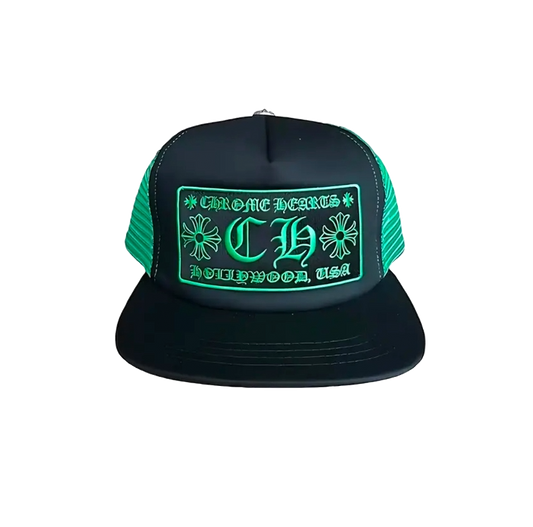 CHROME HEARTS HOLYWOOD TRUCKER HAT (GREEN/BLACK)