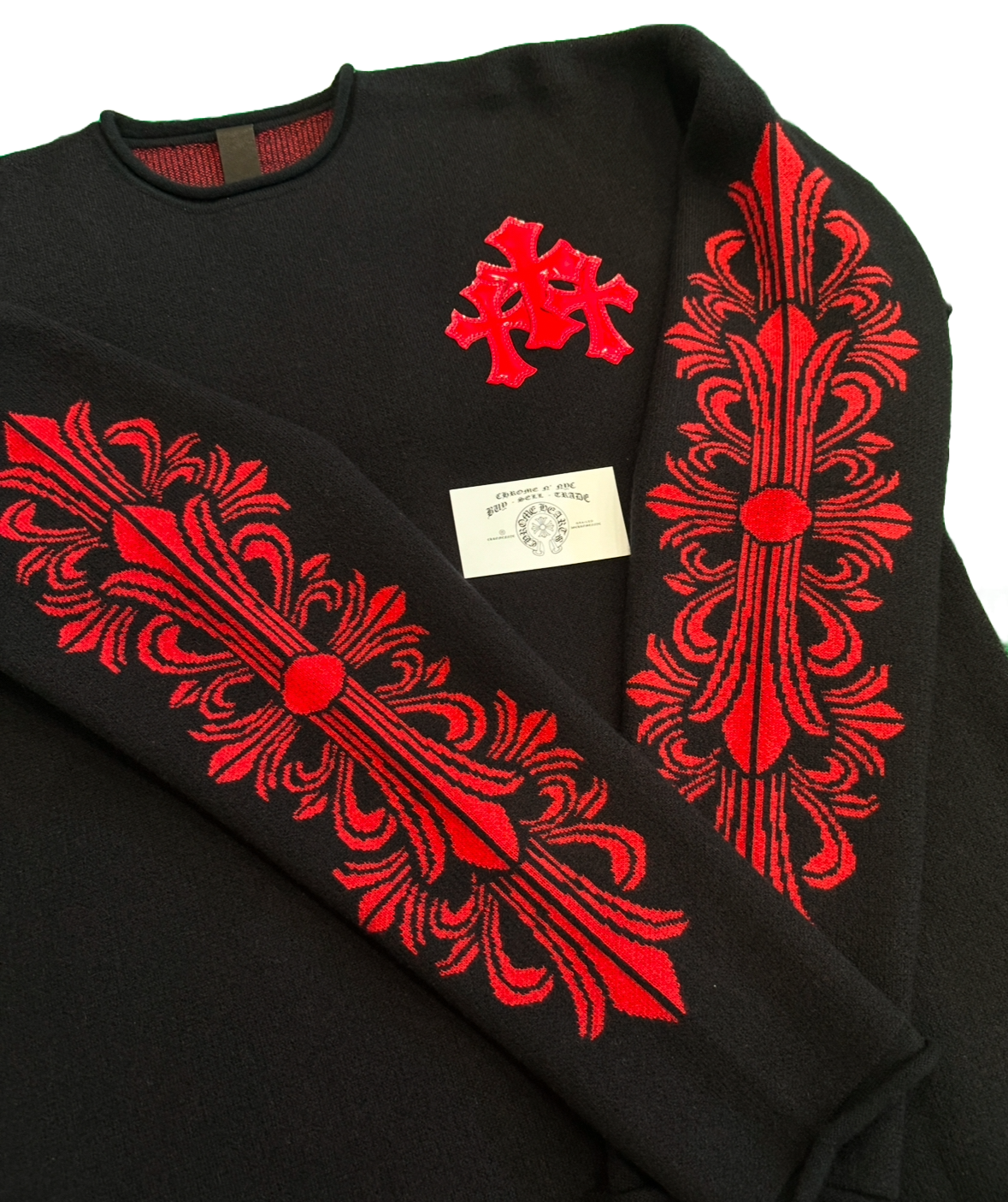 CHROME HEARTS CASHMERE LEATHER CROSS PATCH FLORAL CREWNECK