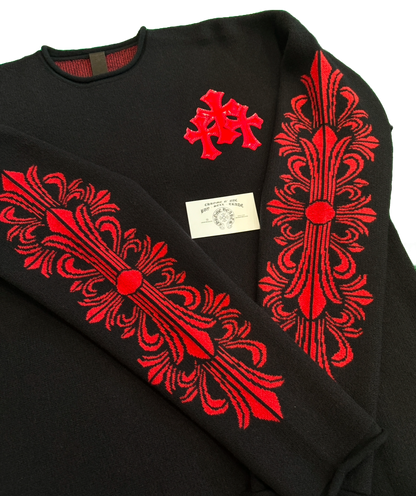 CHROME HEARTS CASHMERE LEATHER CROSS PATCH FLORAL CREWNECK